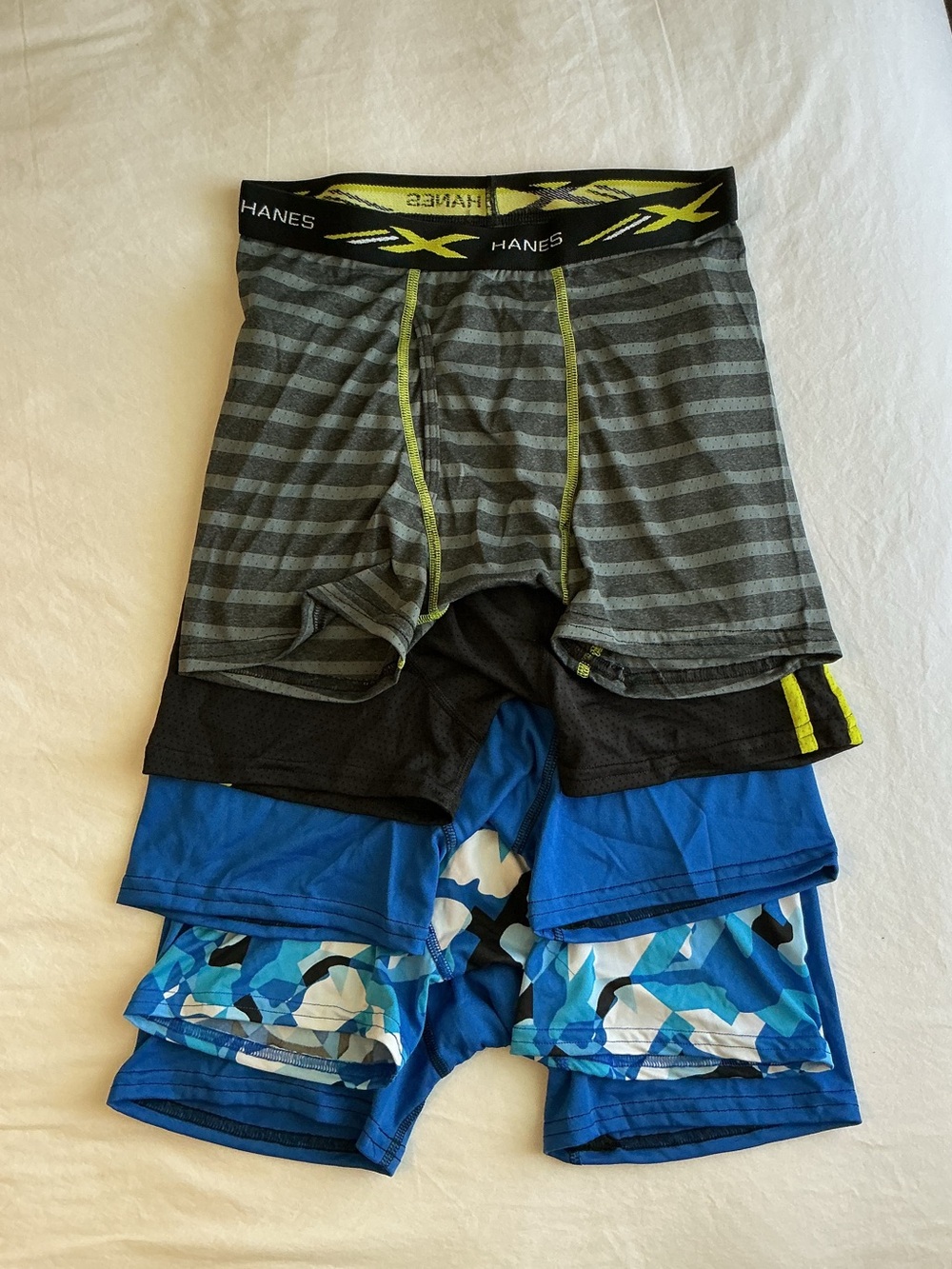 Boys Hanes Gray & Neon Yellow with Solid Blue and Blue Camo Boxer Briefs - 5-Pac